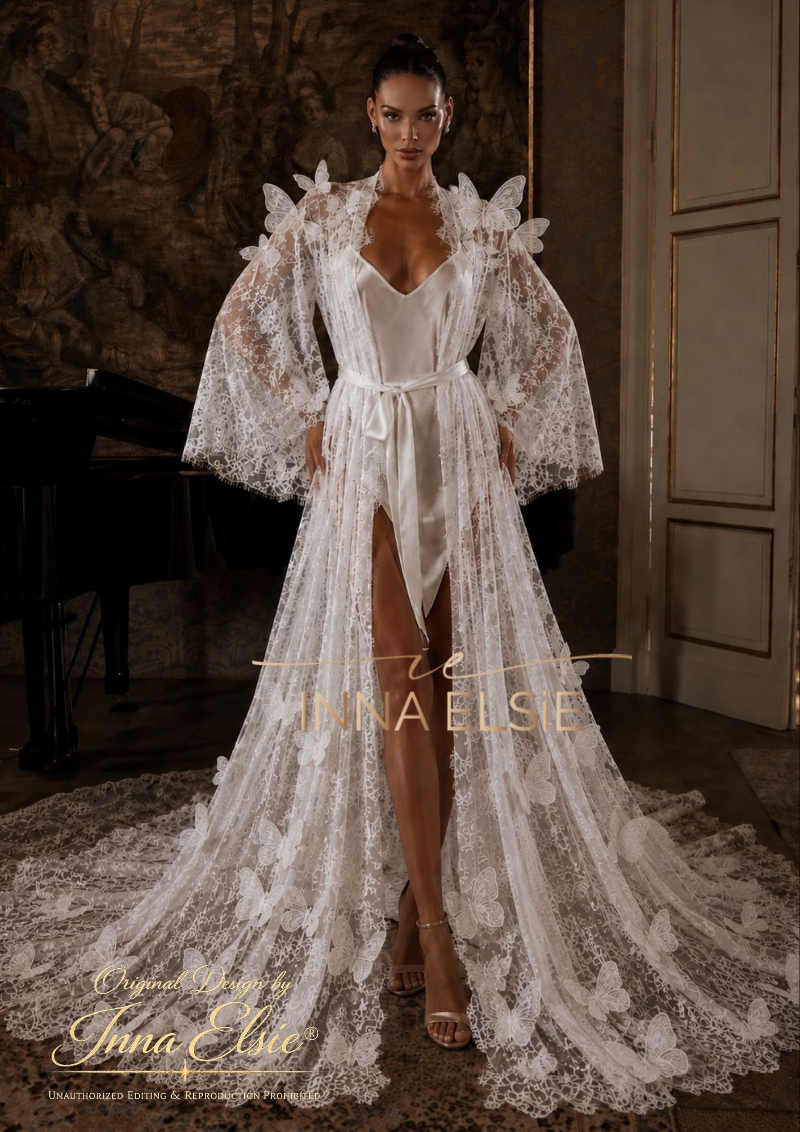 white lace dressing robe POLINA lace bridal robe with train for getting ready – Inna Elsie