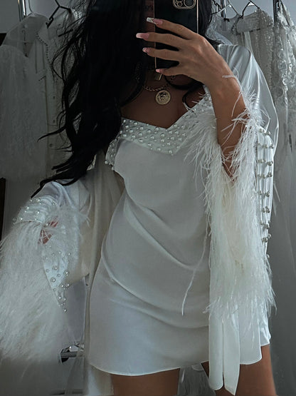Rimma Luxury Short Silk Bidal Robe With Feathers