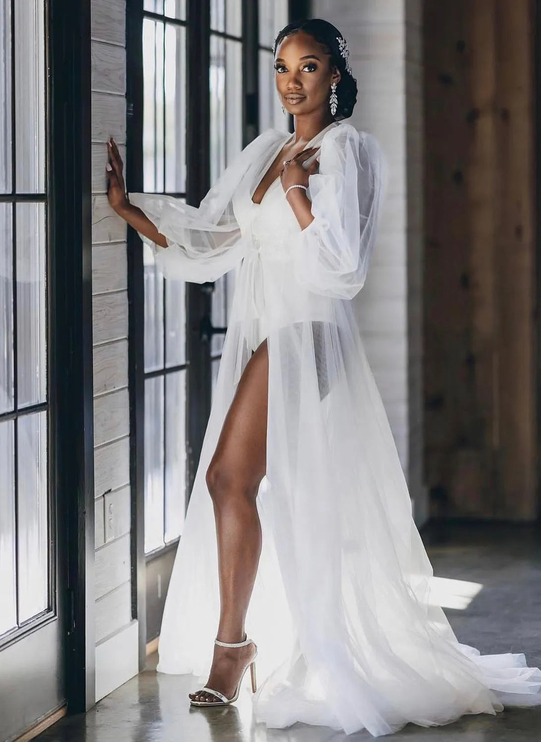 AMINA Long Luxury Bridal Robe Chiffon Wedding Dressing Gown XS/S AMINA Long Luxury Bridal Robe Chiffon Wedding Dressing Gown XS/S