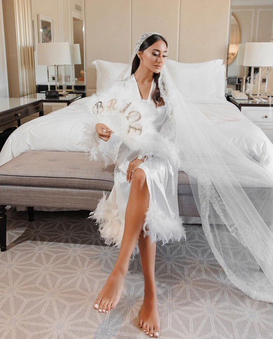 SOPHIA short silk bridal robe with ostrich feathers