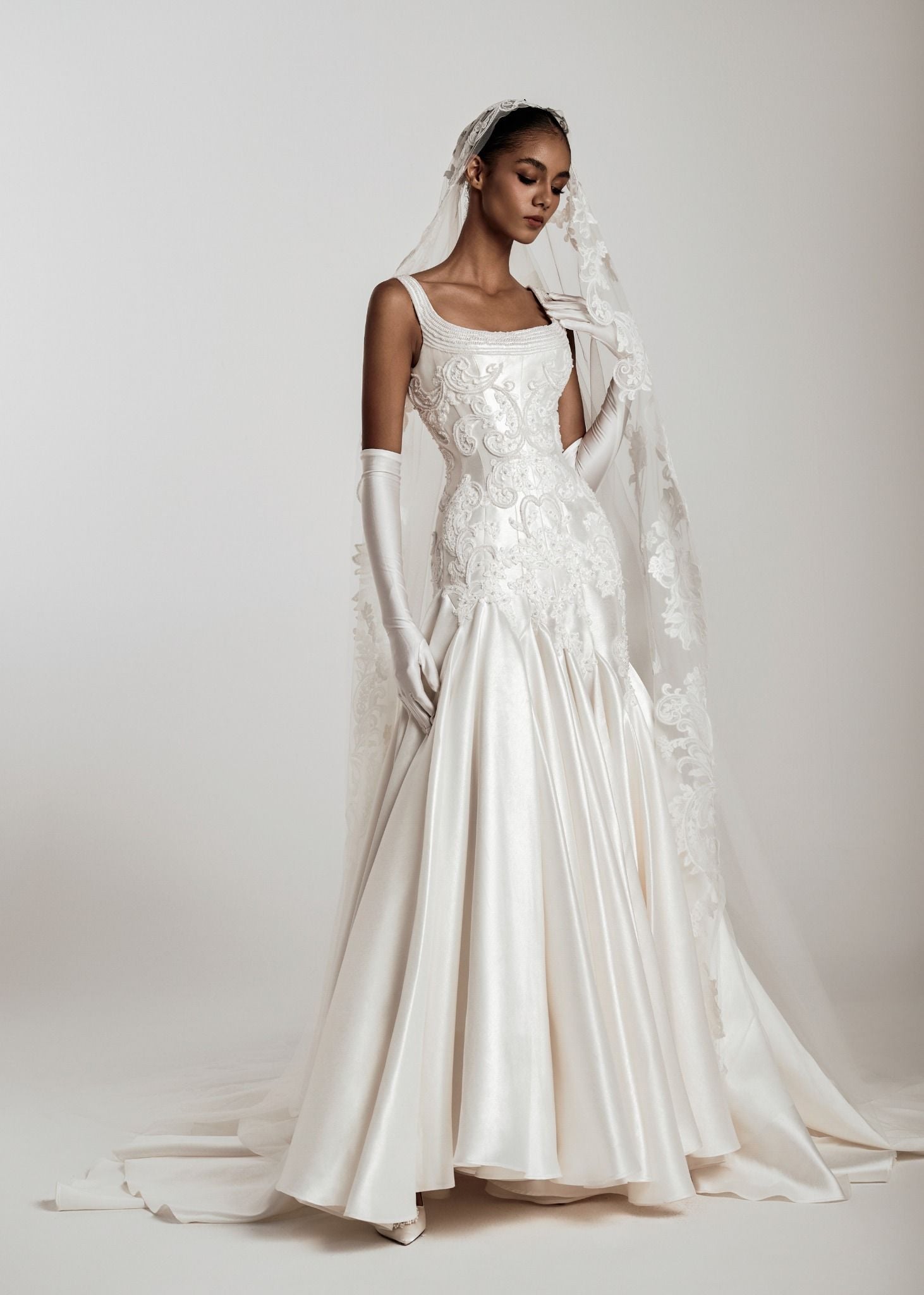 KLAUDIA Square Neck Corset Gown With Lace Detailing & Satin Skirt KLAUDIA Square Neck Corset Gown With Lace Detailing & Satin Skirt