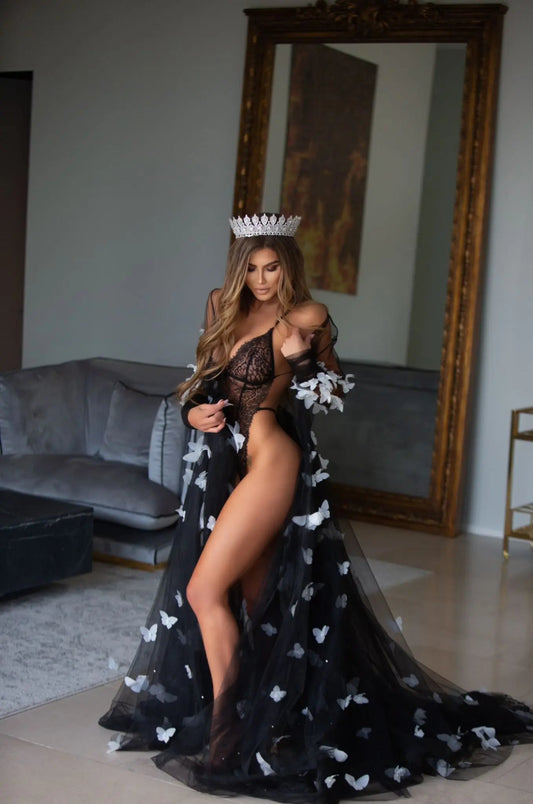 Luxury Adel Black Bridal Robe | Elegant Wedding Prep