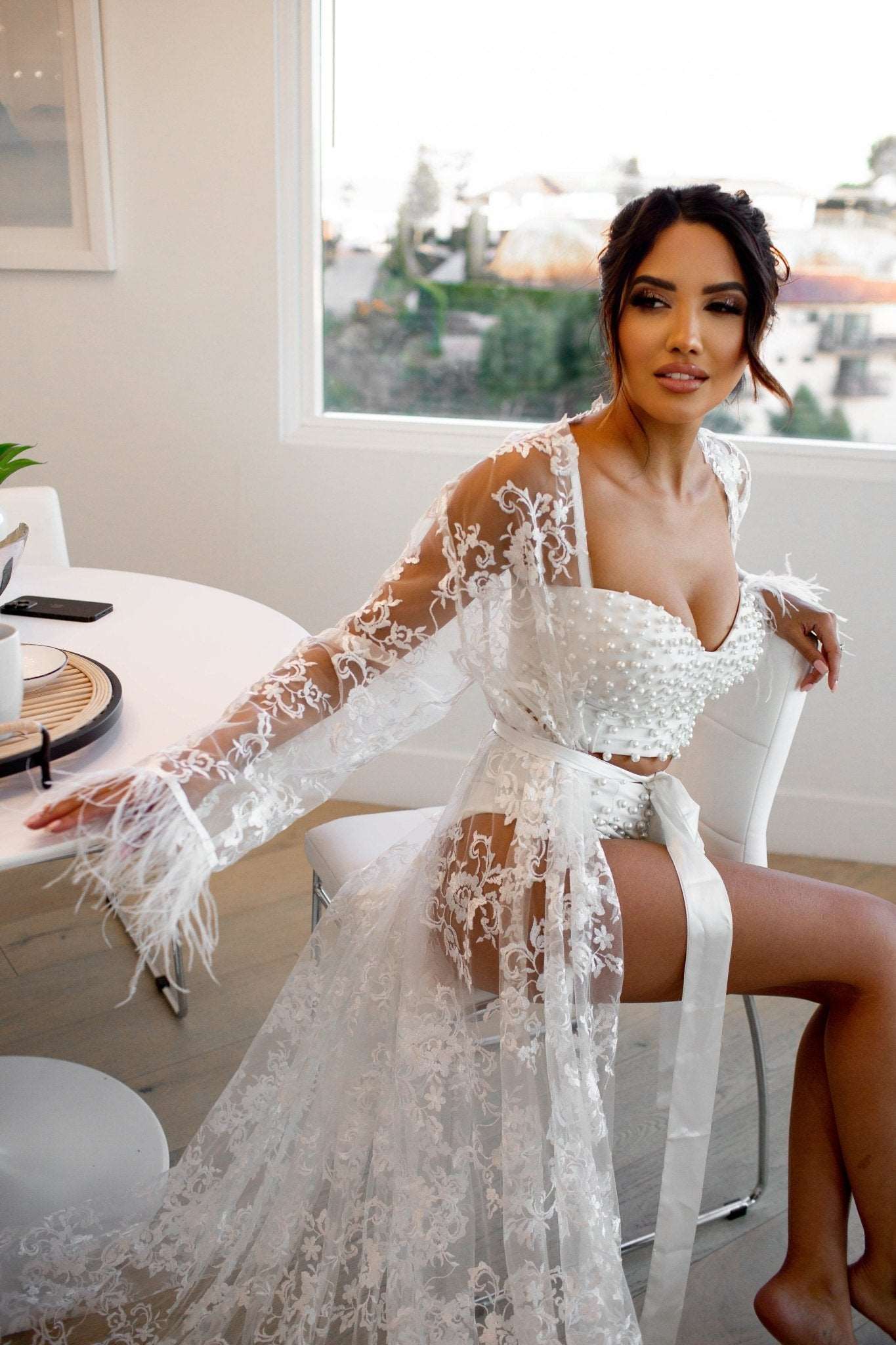 Luxury Ilona Lace Robe With Feathers