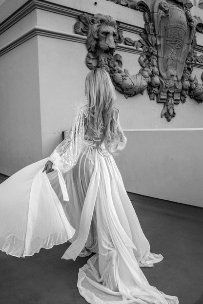 Luxury KAMILA Chiffon Bridal Robe With Shiny Sleeves