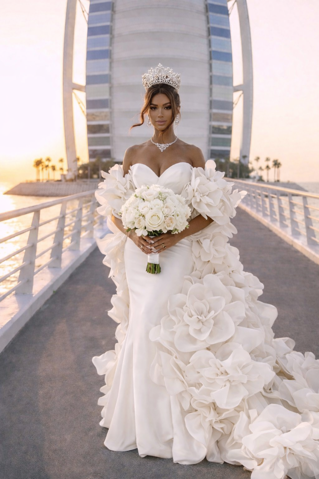 Woman in a white wedding dress holding a bouquet of flowers with a modern building in the background.