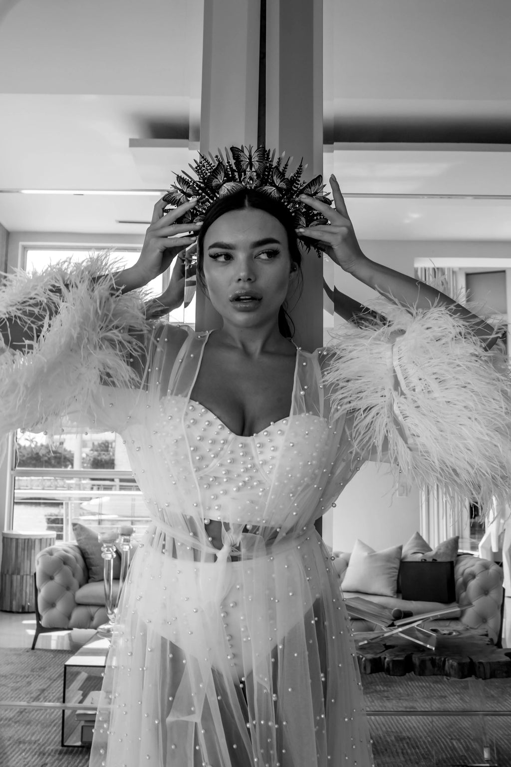 Savannah Bridal Lace Robe with Feathers