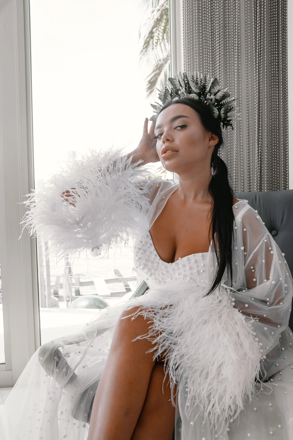 Savannah Bridal Lace Robe with Feathers