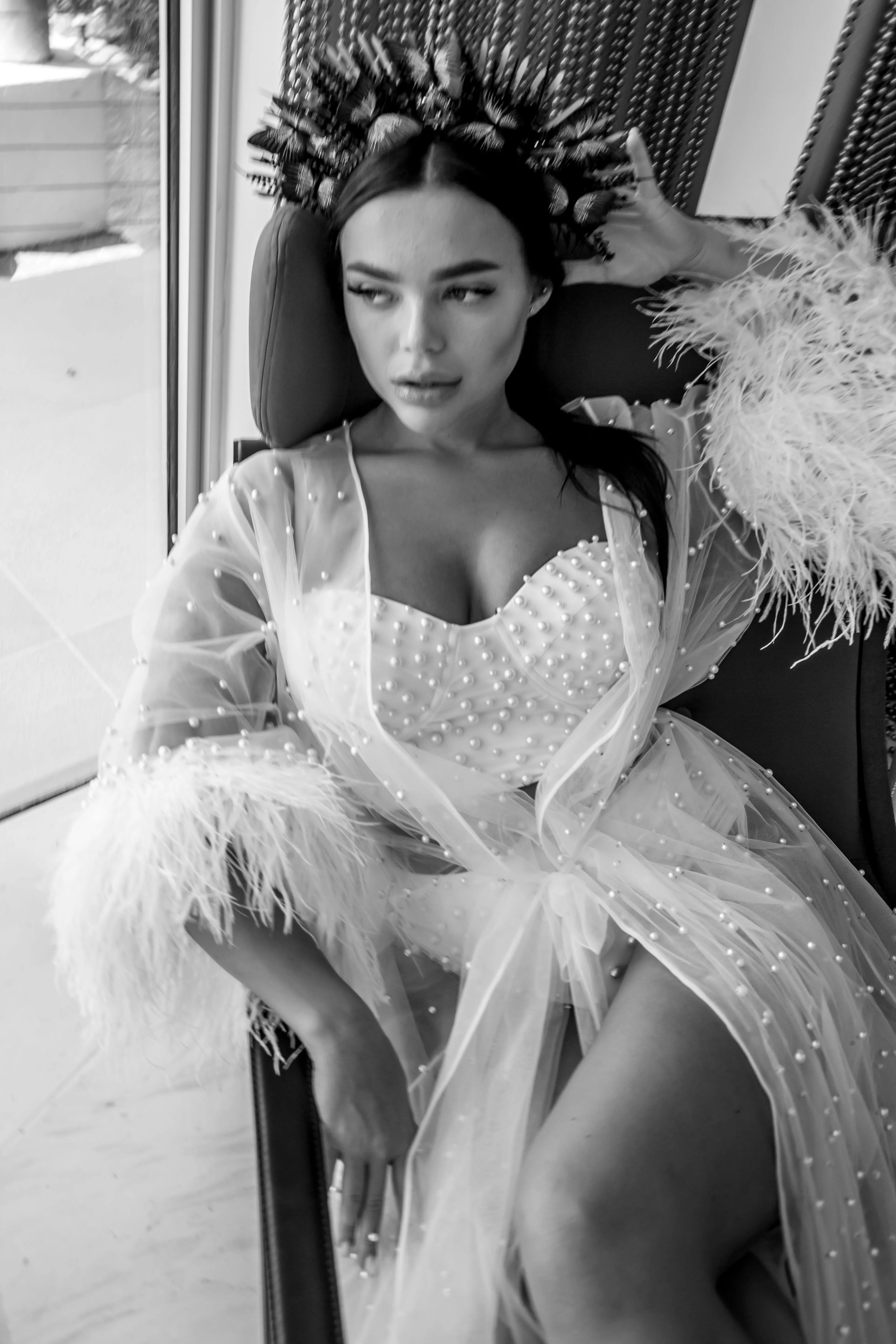 Savannah Bridal Lace Robe with Feathers