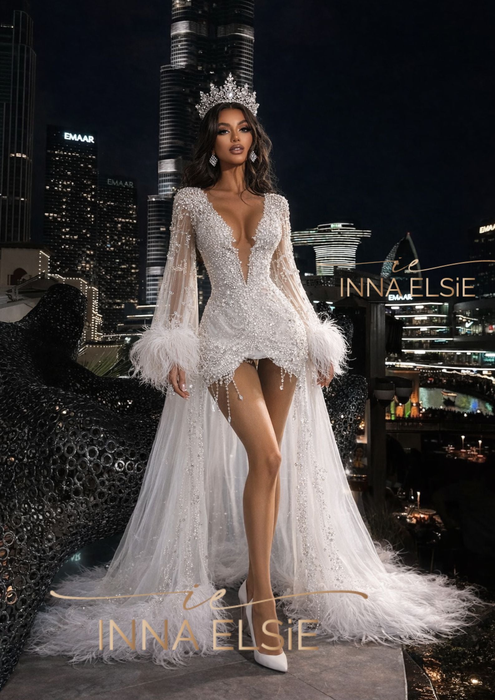 white feather party dress Mew Mews Vieby Strapless Rhinestone Feather Maxi Dress In White