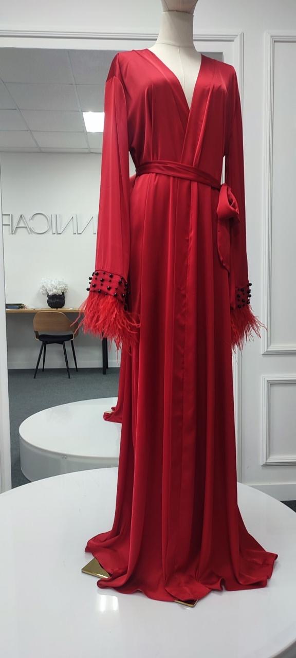 LEONA LONG RED silk robe with feathers