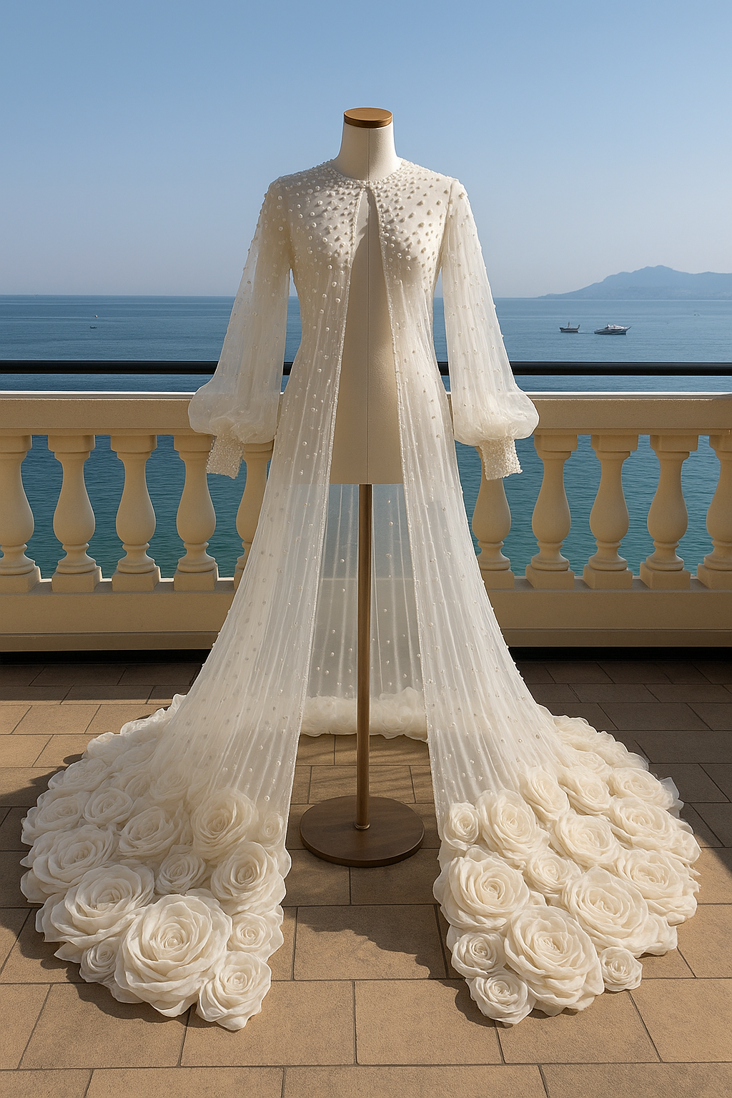 White lace wedding dress with floral details on a mannequin against a scenic background.