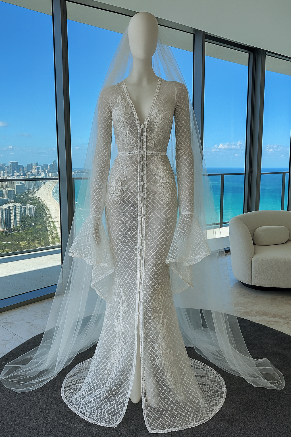 Mannequin wearing a white lace wedding dress with a long veil in a room with large windows overlooking a cityscape.