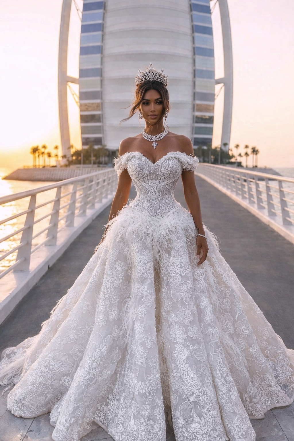 Woman in a white wedding dress standing on a bridge with modern buildings in the background