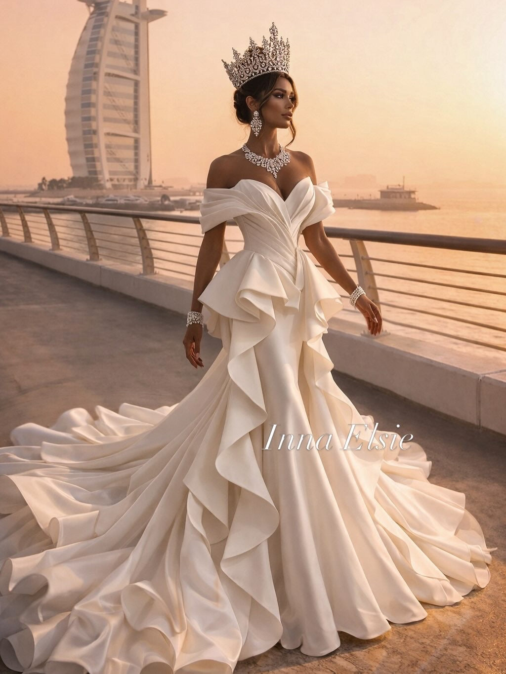 Woman in a white wedding dress with a large tiara standing on a balcony with a cityscape in the background.