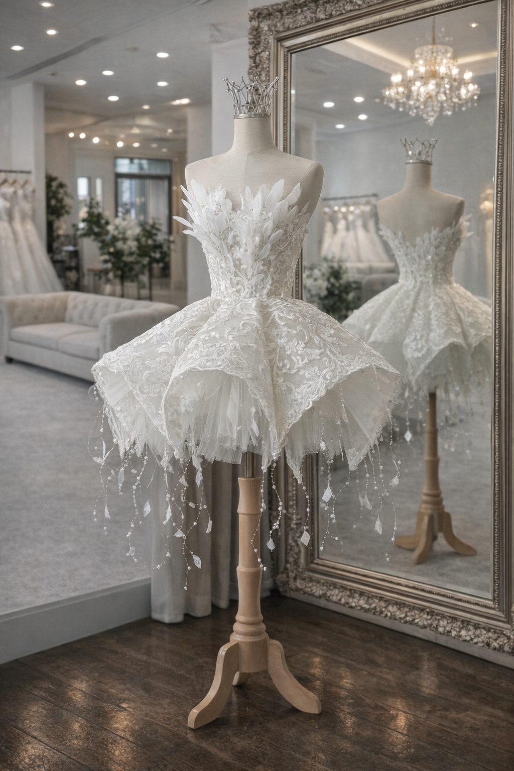White lace dress on a mannequin in front of a mirror in a room with chandeliers.