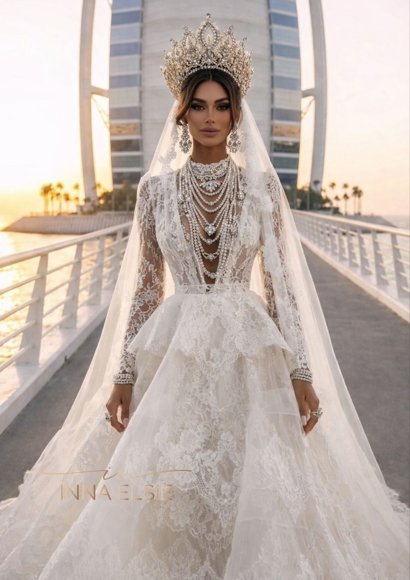 MARLENA Deep V Lace Corset Ball Gown With Layered Tulle Skirt MARLENA Deep V Lace Corset Ball Gown With Layered Tulle Skirt