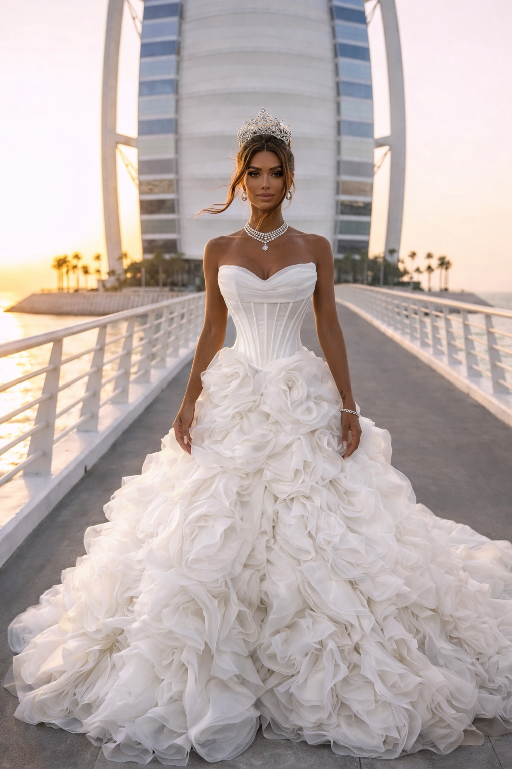 Woman in a white wedding dress standing on a bridge with a modern building in the background.