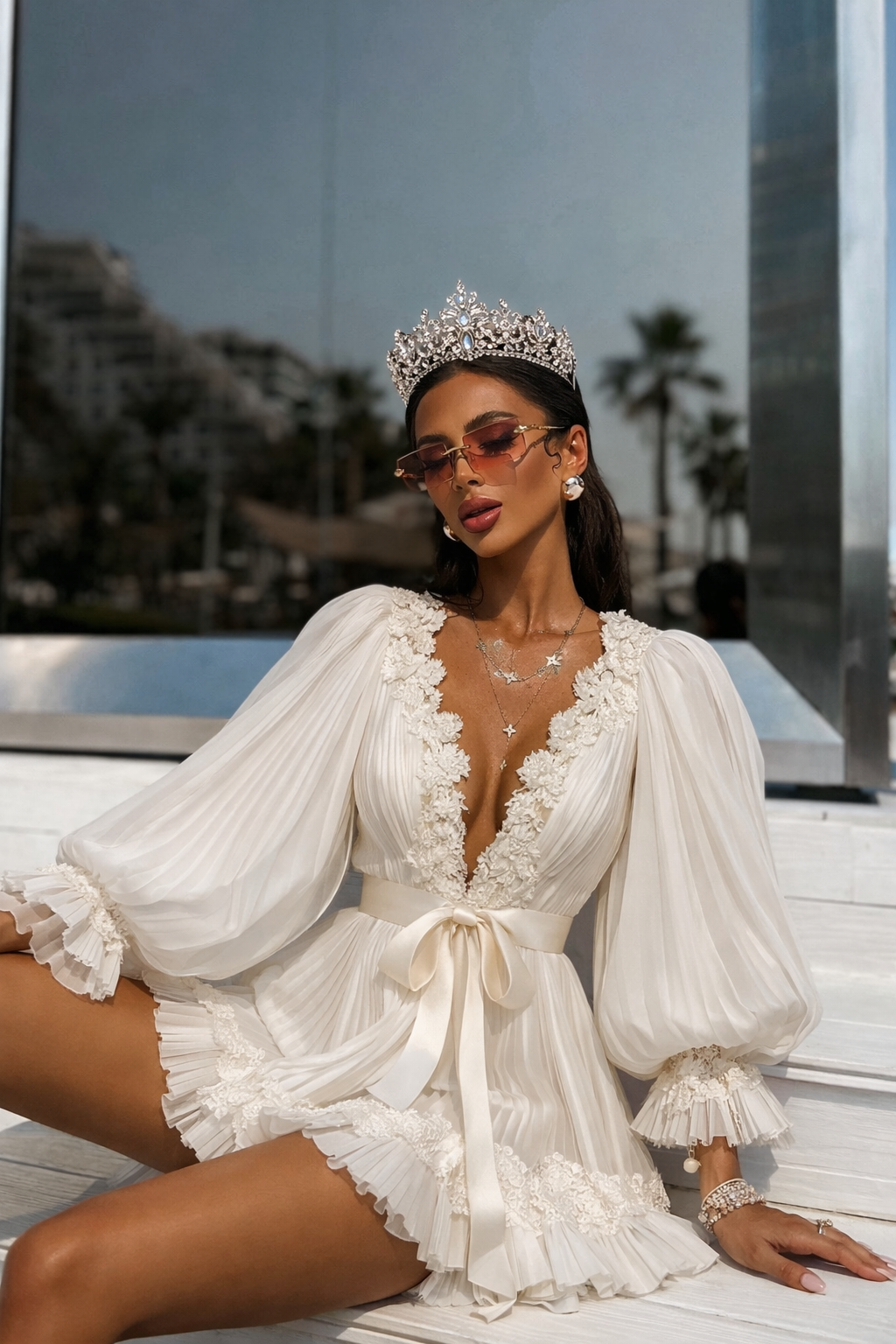 Woman in a white lace dress with a tiara and sunglasses sitting on a boat.