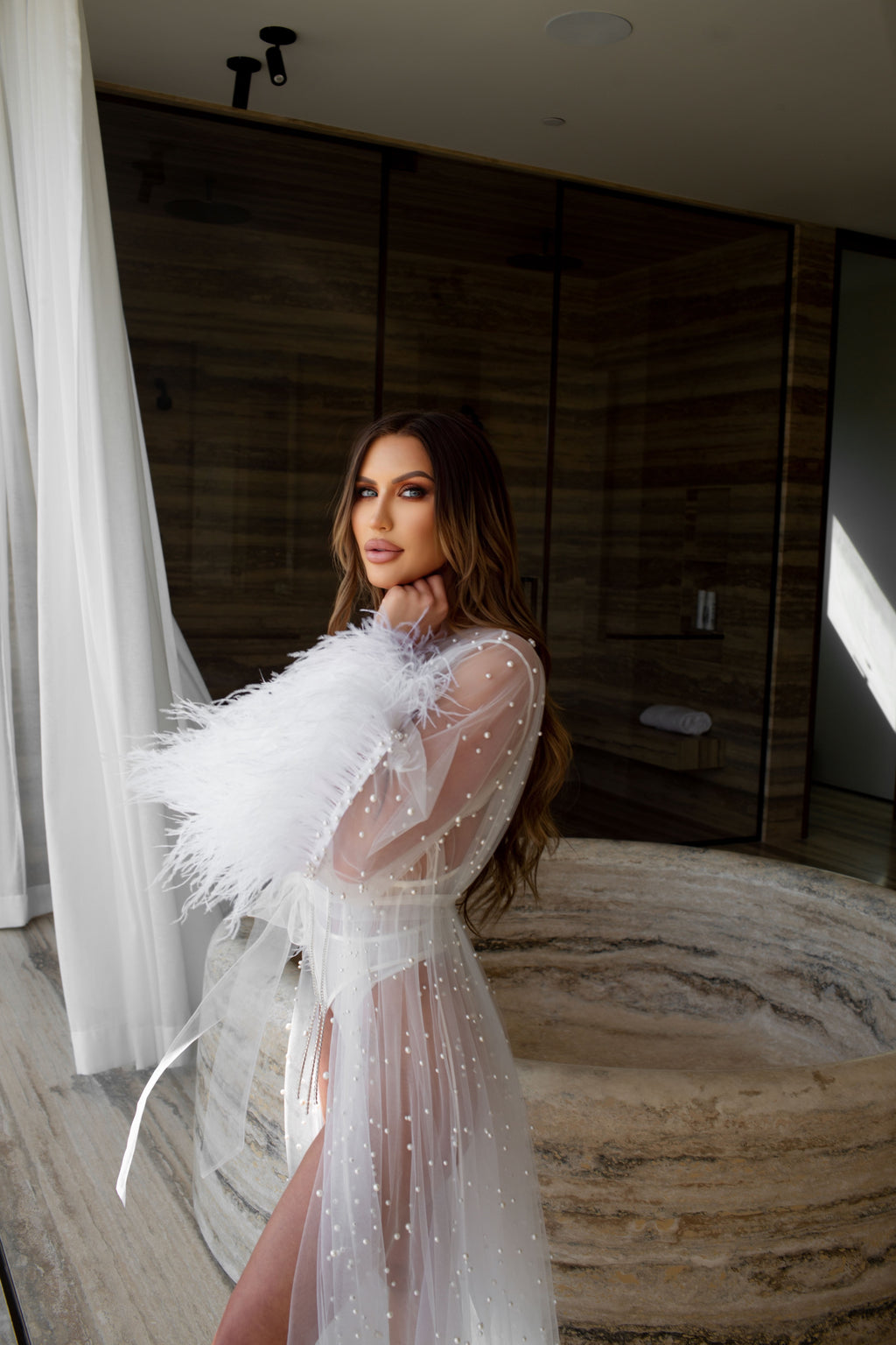 Savannah Bridal Lace Robe with Feathers
