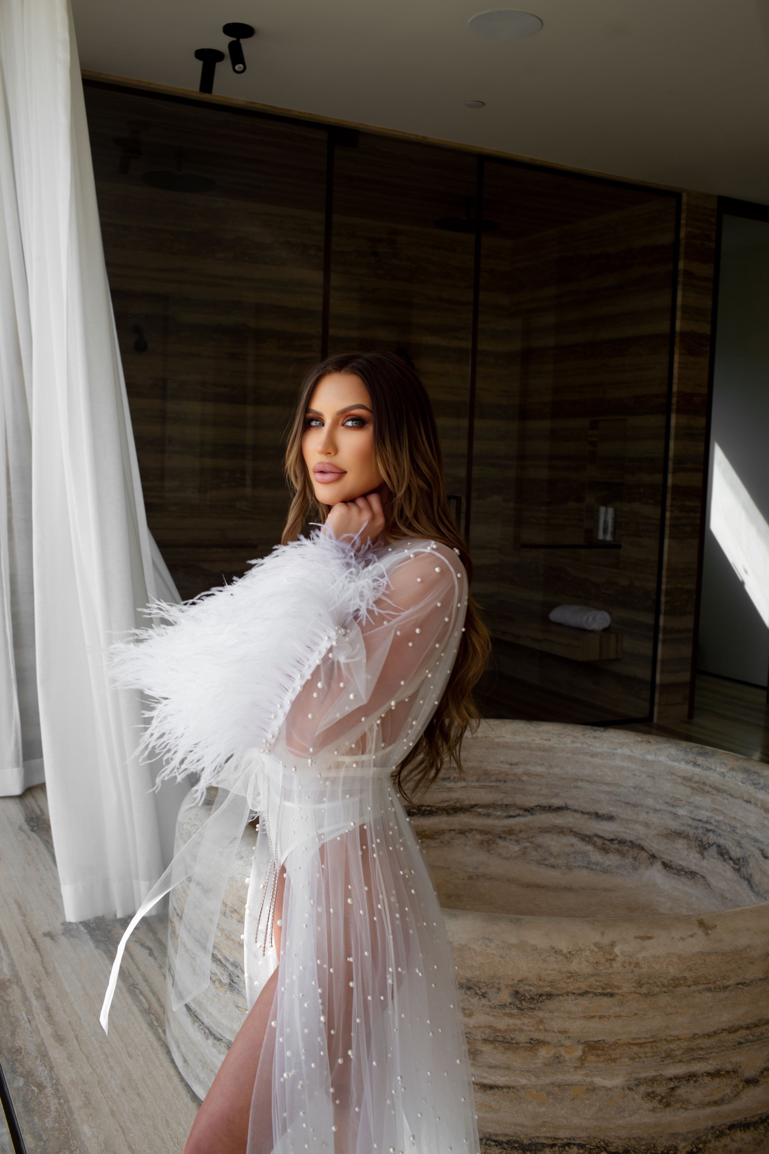 Savannah Bridal Lace Robe with Feathers