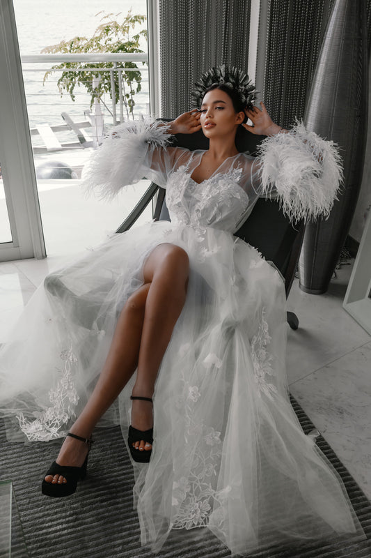 Angel Bridal Lace Robe With Feathers