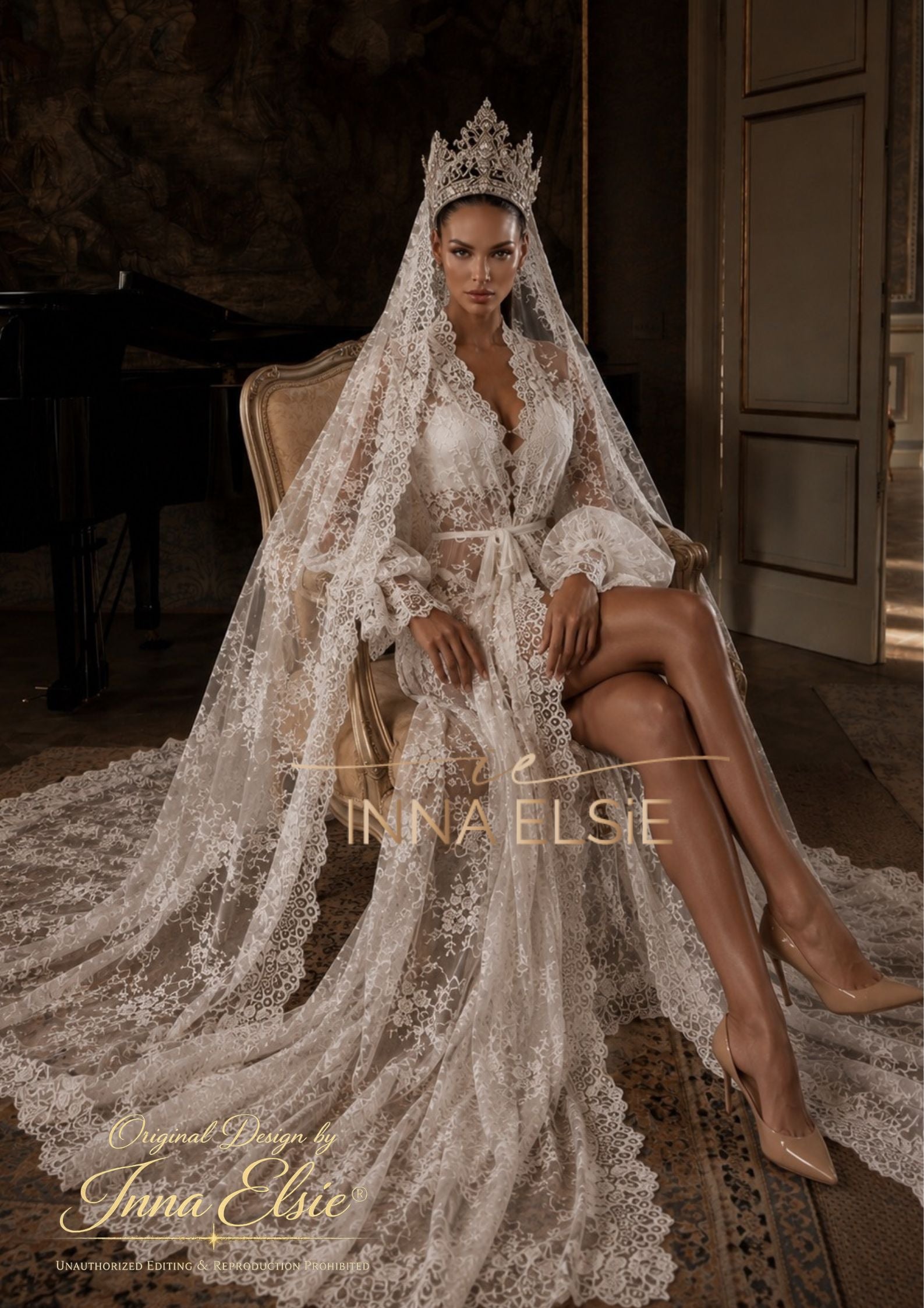 luxury bridal dresses AURORA Lace Luxury Bridal Robe – Elegant Wedding Dressing Gown – Inna Elsie