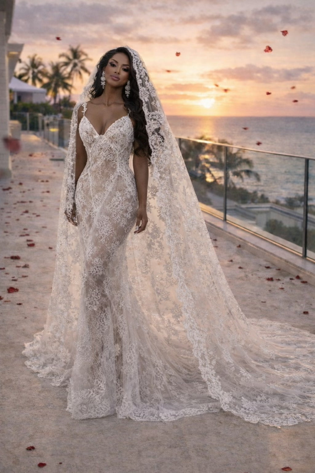 Woman in a white wedding dress with a long veil standing on a rooftop with a sunset and ocean view.