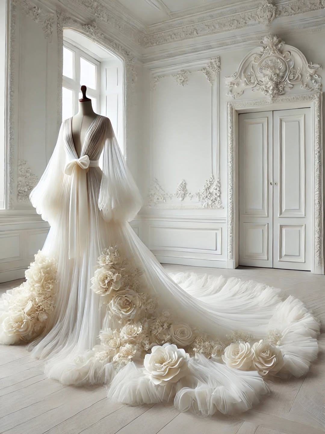Elegant wedding dress with floral details on a mannequin in a decorative room.