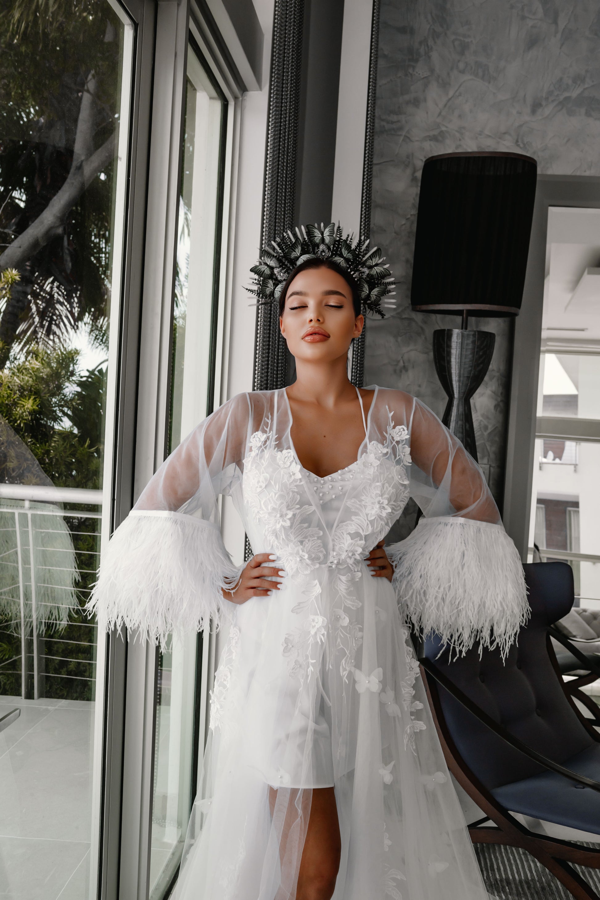Angel Bridal Lace Robe With Feathers