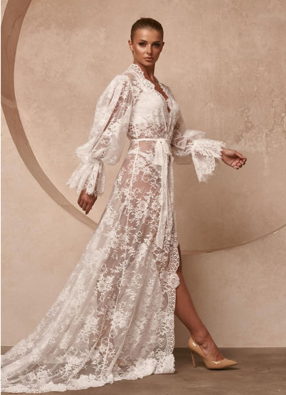 luxury  long bridal robe lace with butterflies