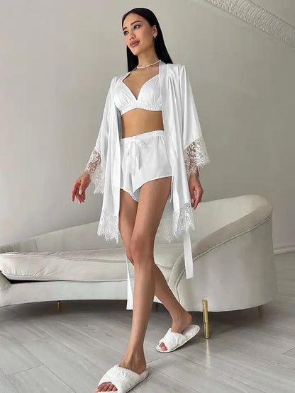 KSENIYA White SILK Robe With Pajamas 3 Pieces Set