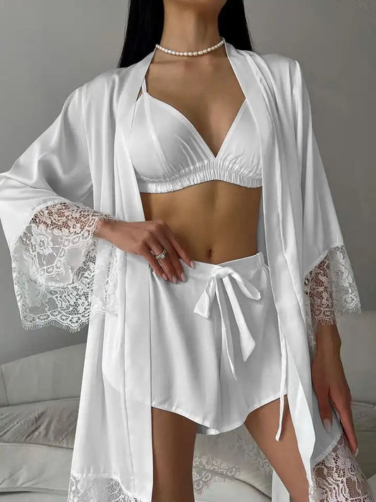 KSENIYA White SILK Robe  With Pajamas 3 Pieces Set Inna Elsie
