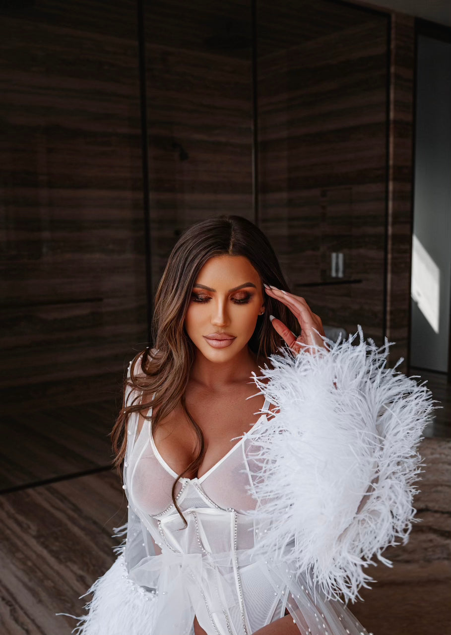 Savannah Bridal Lace Robe with Feathers