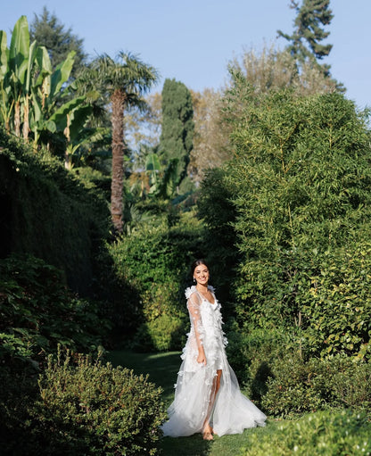 White wedding robe with lace accents, perfect for bridal shower