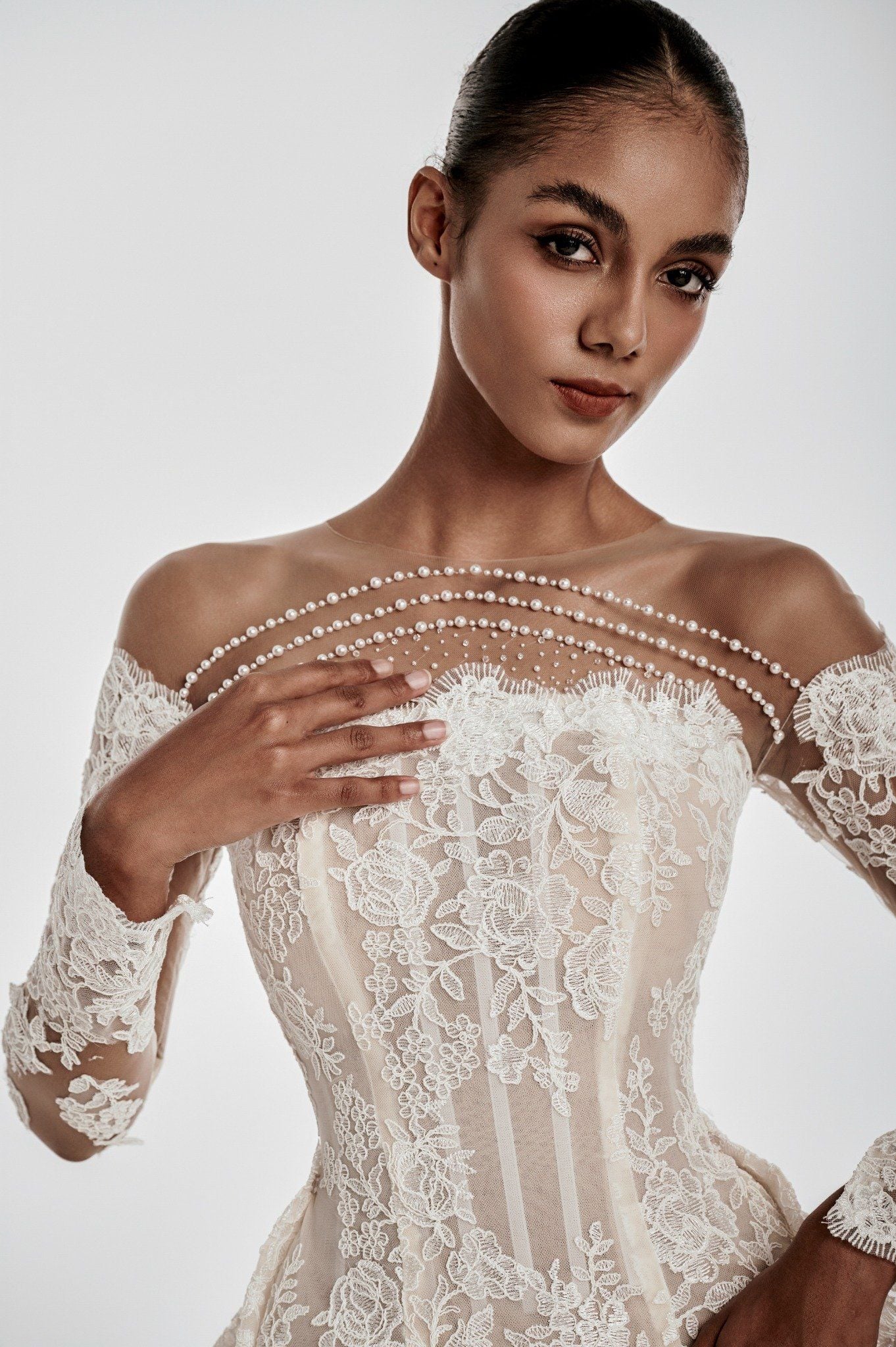 MARY Off-Shoulder Lace Corset Gown With Pearl Detailing & Detachable Overskirt