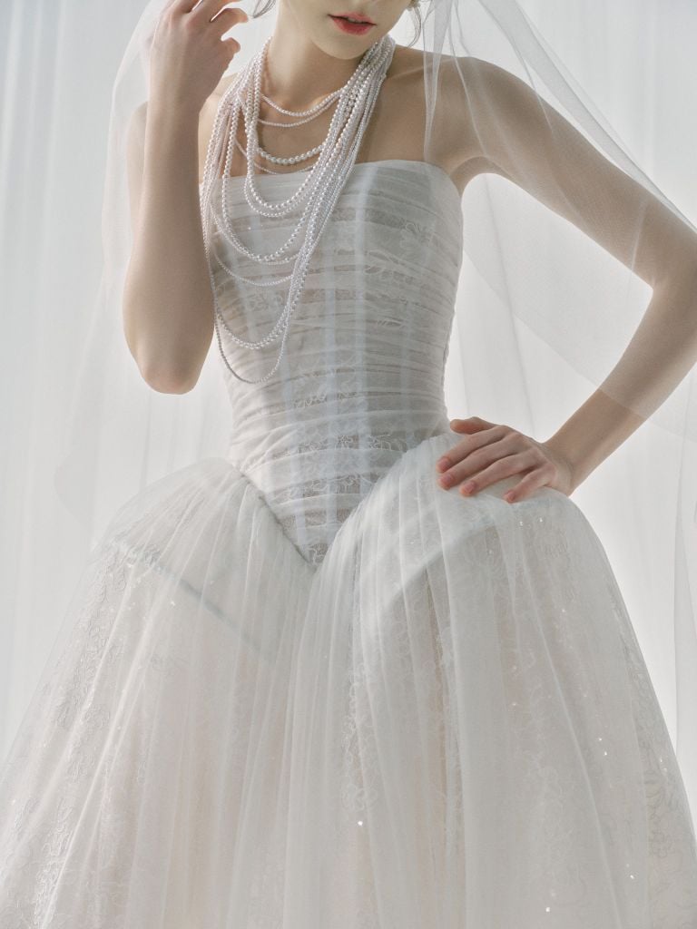 asteria dress ASTERIA Strapless Draped Tulle Ball Gown With Pearl Detailing