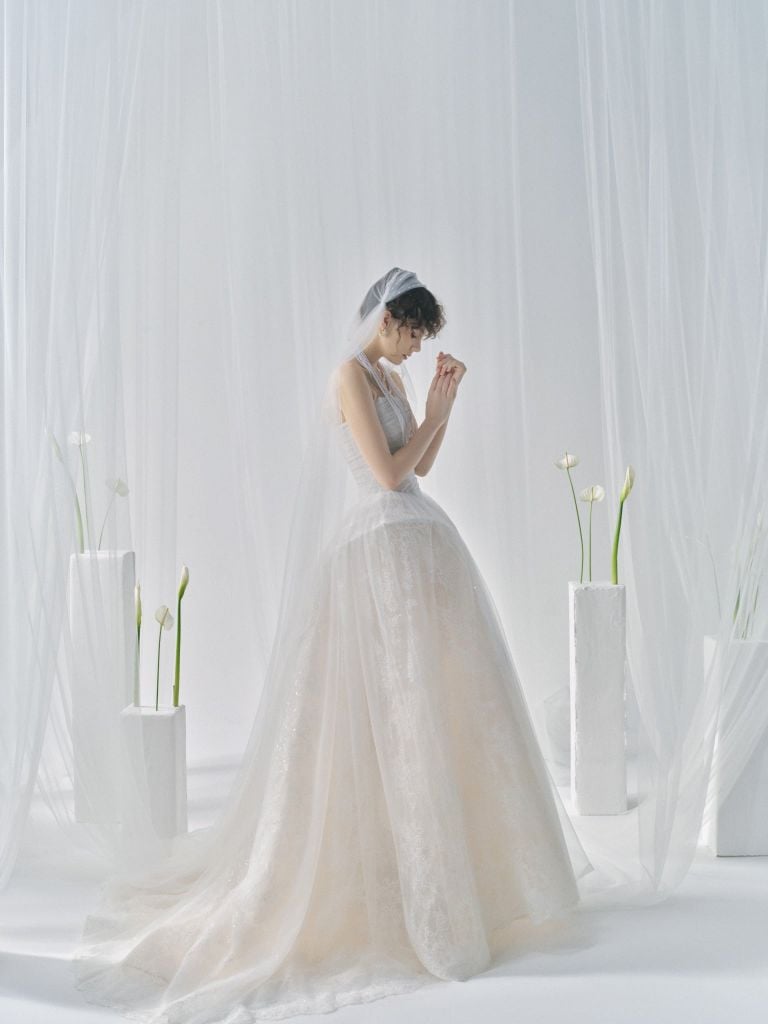 ASTERIA Strapless Draped Tulle Ball Gown With Pearl Detailing