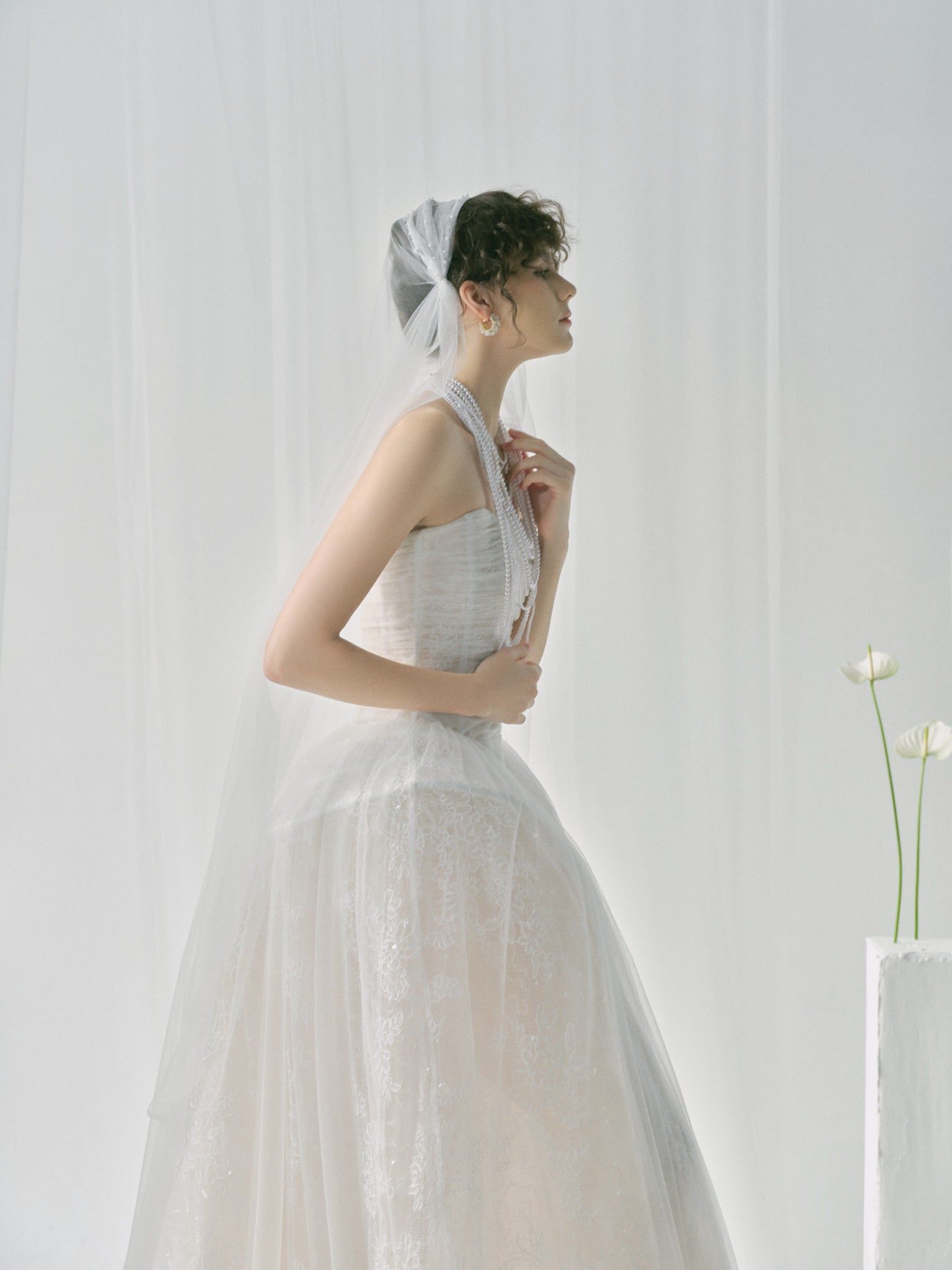 ASTERIA Strapless Draped Tulle Ball Gown With Pearl Detailing