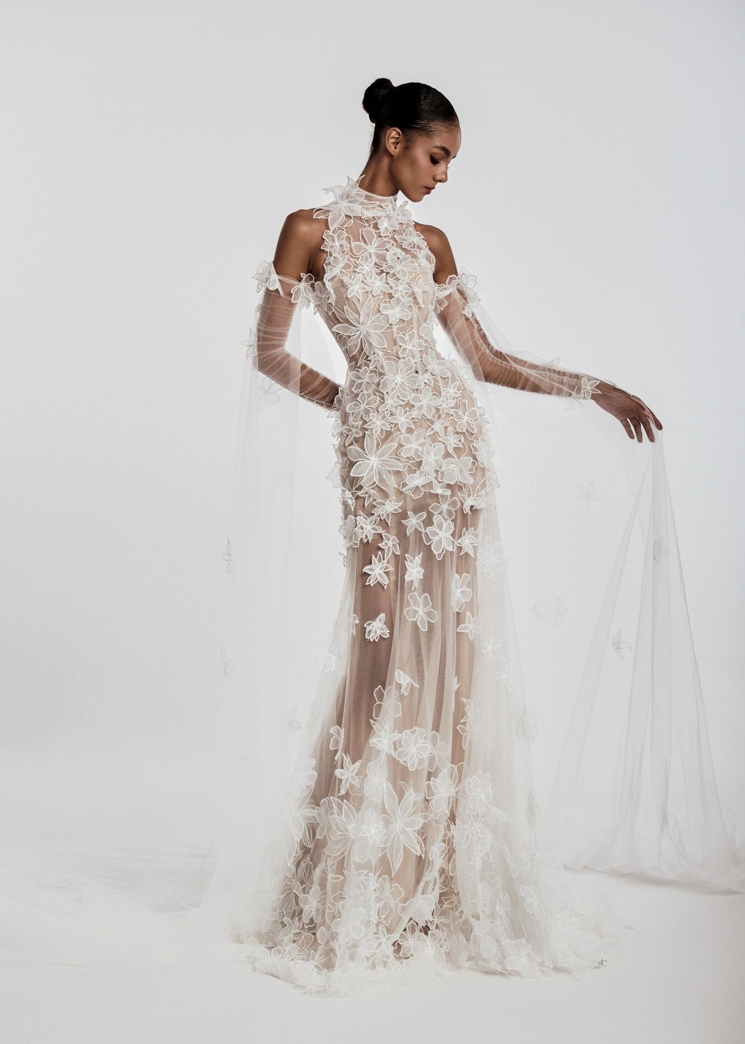 Klarissa Sheer Floral Appliqué Gown With High Neck & Detachable Sleeves