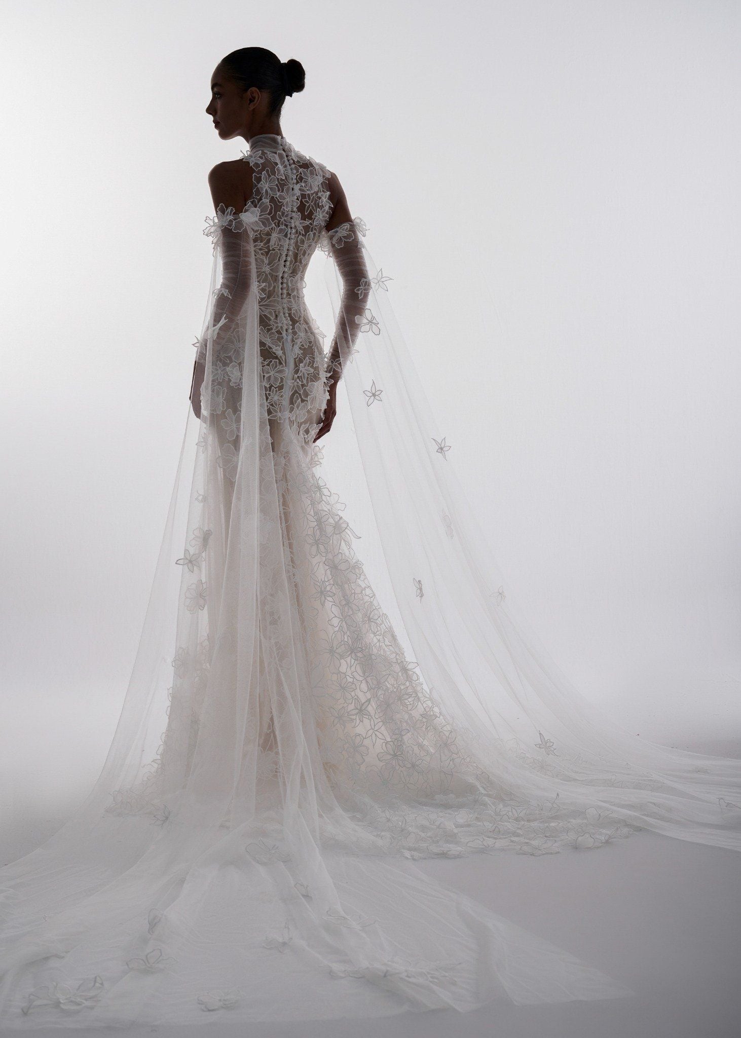 Klarissa Sheer Floral Appliqué Gown With High Neck & Detachable Sleeves