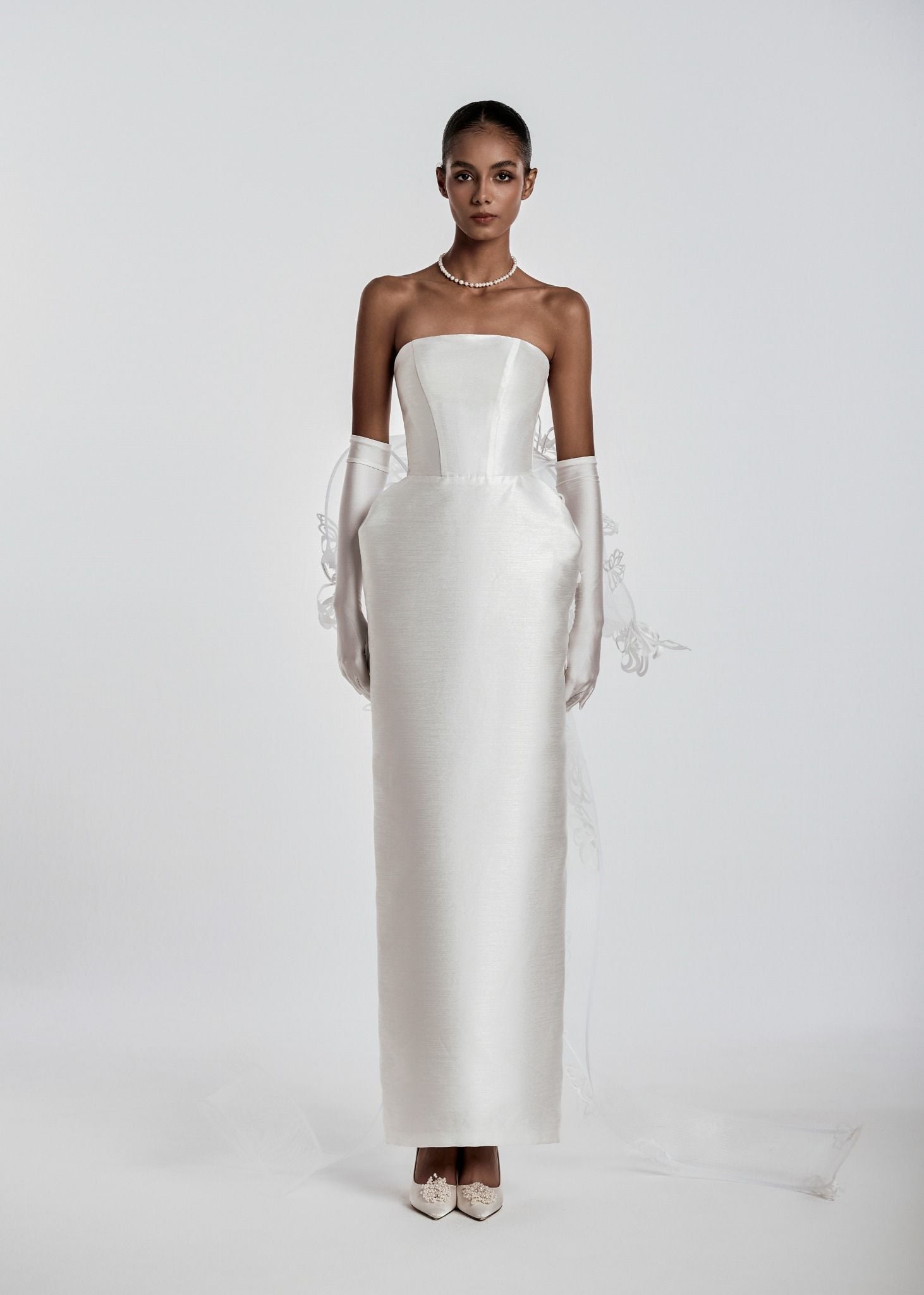PAOLA Strapless Column Gown With Sculptural Butterfly Overskirt