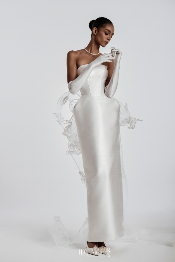 PAOLA Strapless Column Gown With Sculptural Butterfly Overskirt