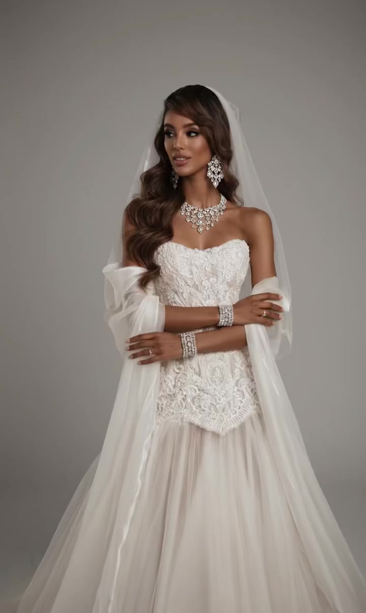 DAMIANA Strapless Lace Corset Gown With Flowing Tulle Skirt & Sheer Drape