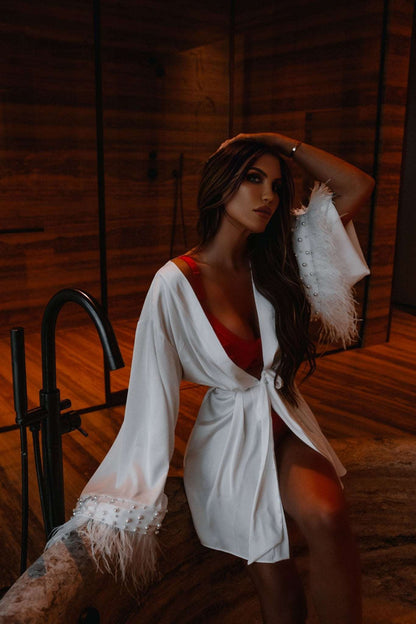 RIMMA short silk bridal robe with feathers