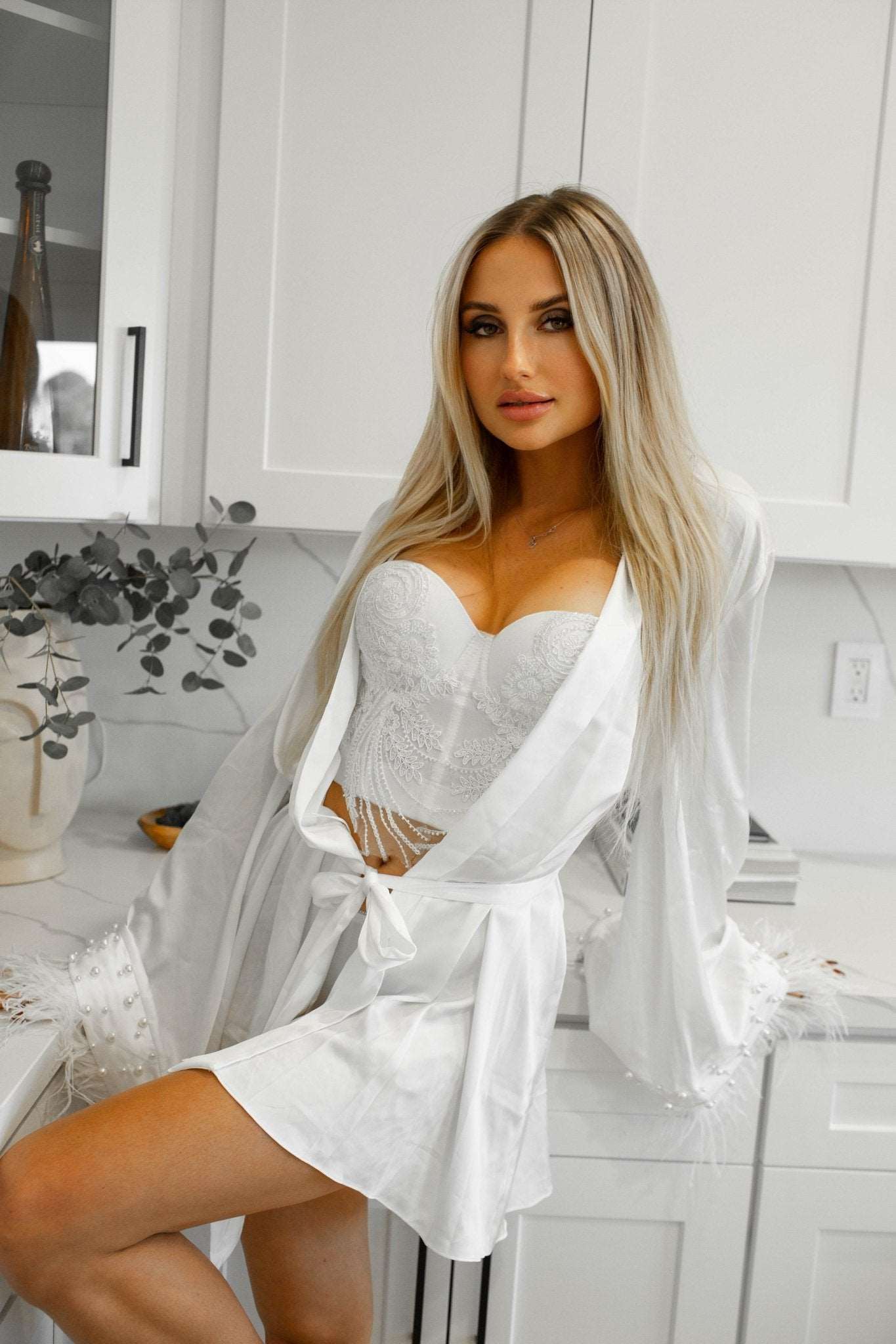 RIMMA short silk bridal robe with feathers