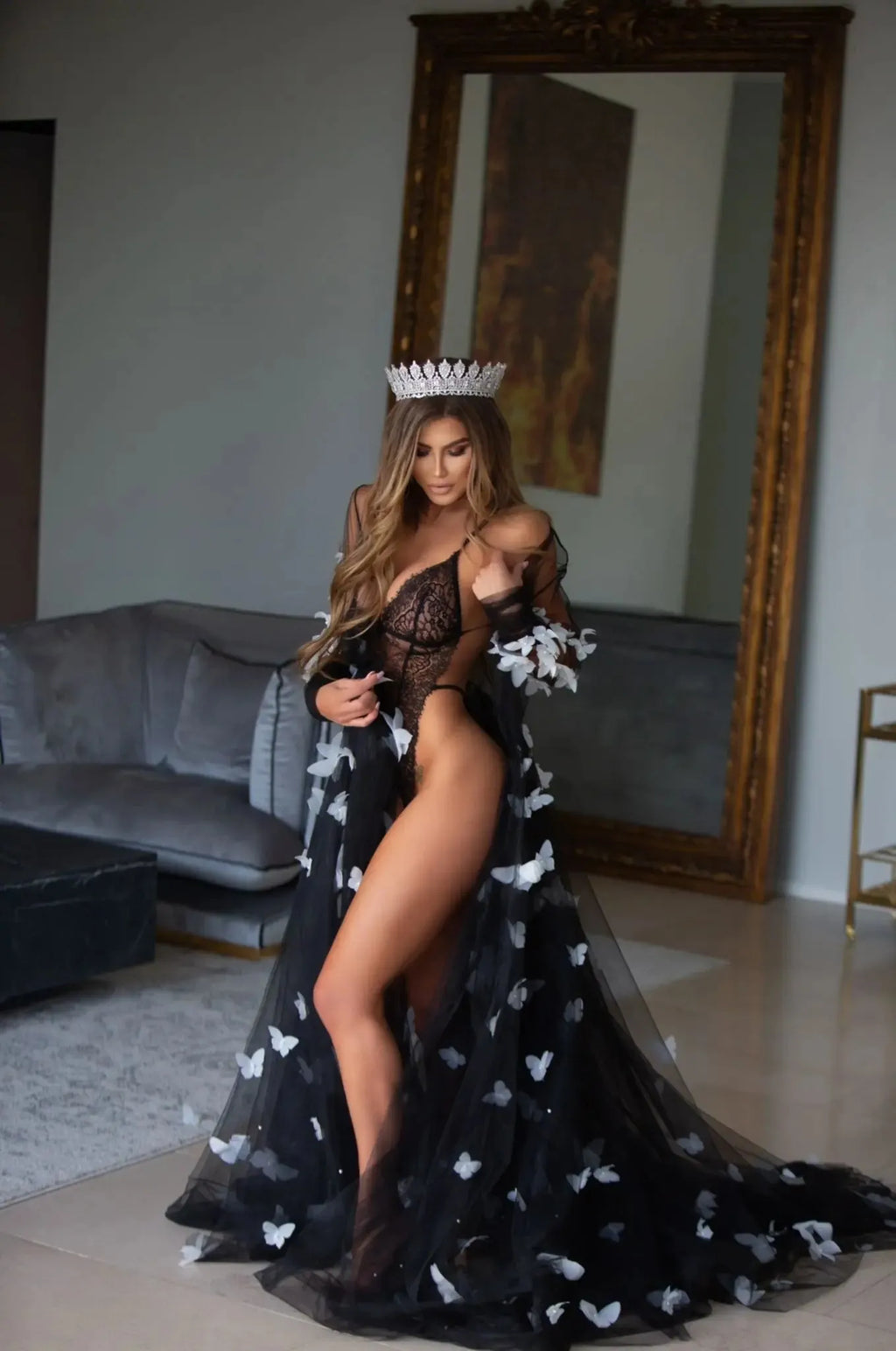 Luxurious ADEL BLACK Bridal Robe with Elegant Train