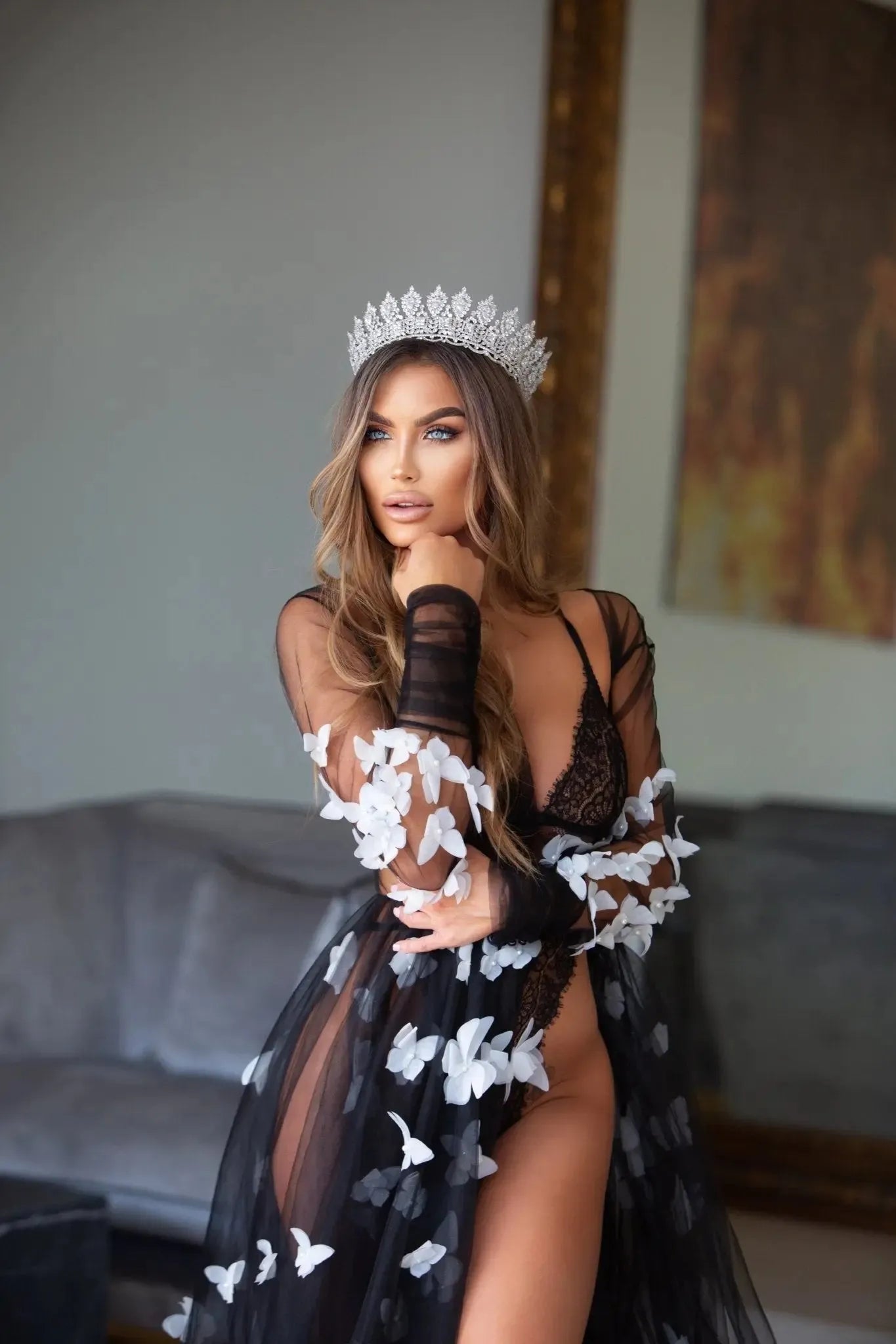 Luxurious ADEL BLACK Bridal Robe with Elegant Train