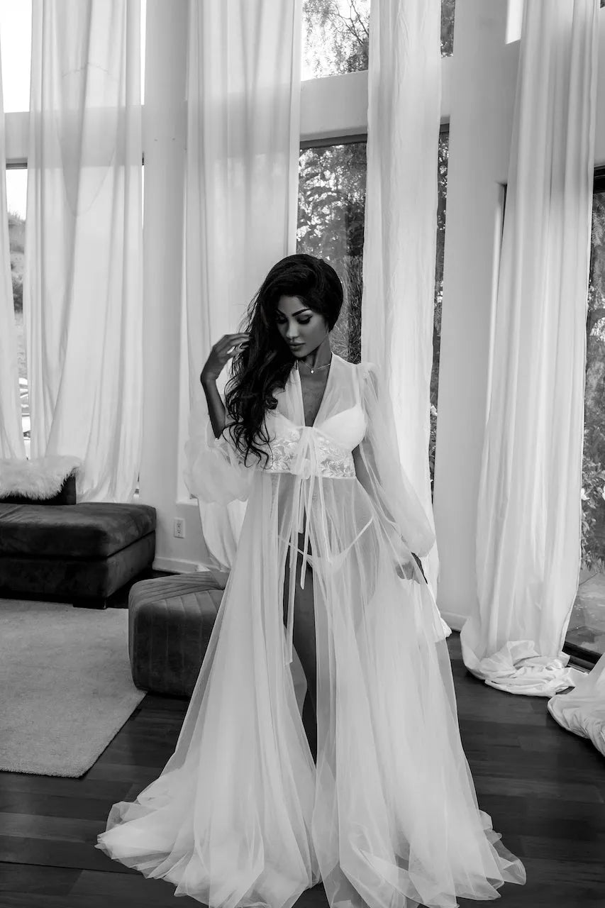 AMINA Long Luxury Bridal Robe Chiffon Wedding Dressing Gown XS/S AMINA Long Luxury Bridal Robe Chiffon Wedding Dressing Gown XS/S