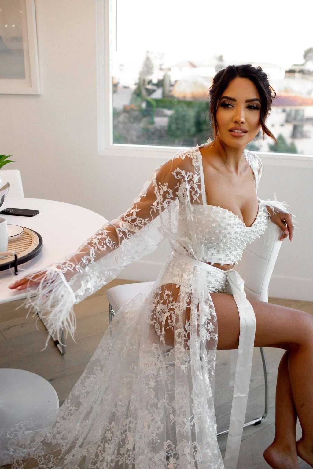 ILONA Lace Robe With Feathers