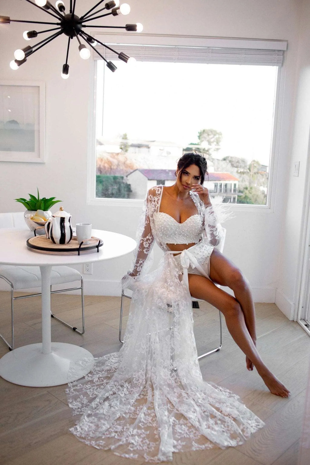 ILONA Lace Robe With Feathers